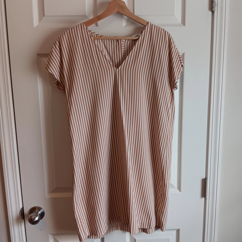 Striped V-Neck Shift Dress in Beige and White